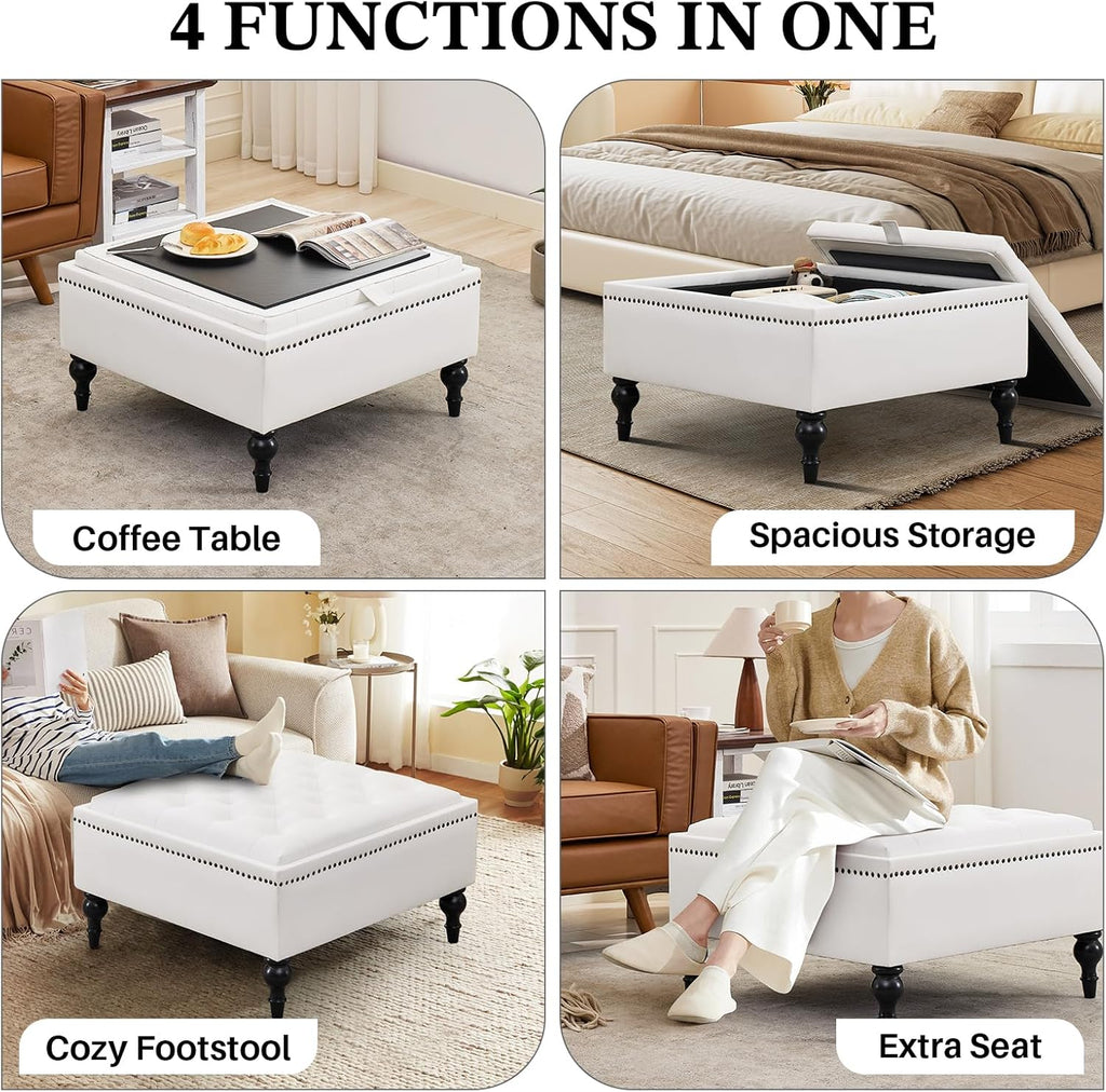 Storage Ottoman Coffee Table, Large Ottoman with Storage Oversized Square Footstool with Anti-Slip Embedded Lid, Tufted Upholstered Ottomans for Living Room, White Faux Leather