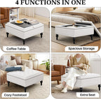 Storage Ottoman Coffee Table, Large Ottoman with Storage Oversized Square Footstool with Anti-Slip Embedded Lid, Tufted Upholstered Ottomans for Living Room, White Faux Leather
