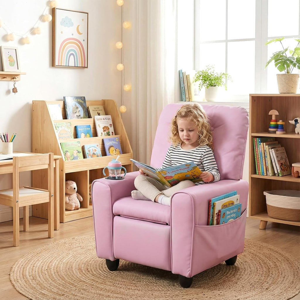 INFANS Kids Recliner, Toddler Lounge Chair with Adjustable Backrest Footrest Cup Holder Side Pockets, PU Leather Toddler Couch