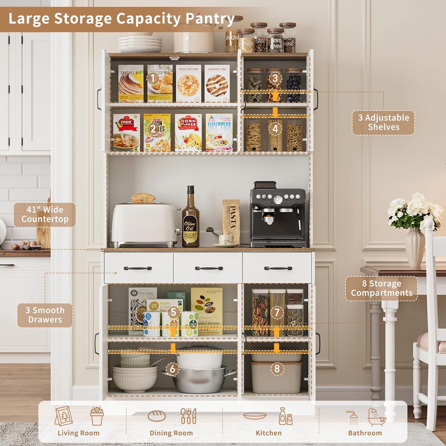 71'' Tall Kitchen Pantry Storage Cabinet with Charging Station, Farmhouse Pantry Cabinet with 3 Drawers & 4 Cabinets, Wide Kitchen Hutch with Countertop for Dining Room, White
