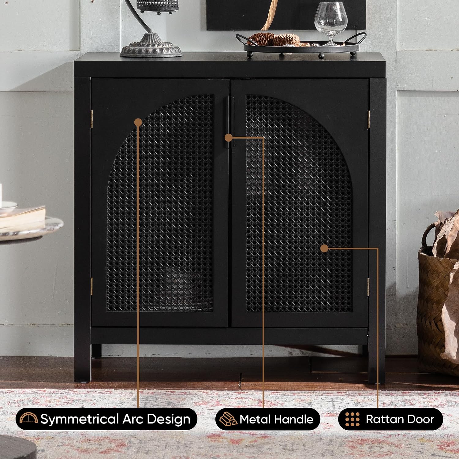Black 28.94“W Buffet Cabinet with Storage, Accent Sideboard with Rattan Doors, Coffee Bar Table Credenza, Console Table with Adjustable Shelves for Dining Room, Kitchen and Hallway