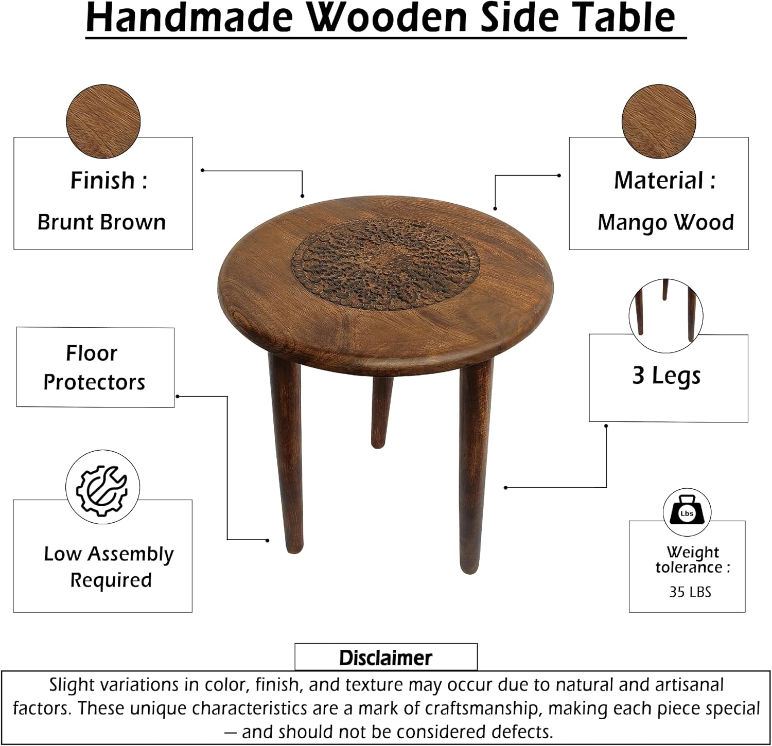 TUP THE URBAN PORT AMA 22 Inch Side End Table, Round Top, Indian Mandala Floral Carving, 3 Legs, Brown Mango Wood