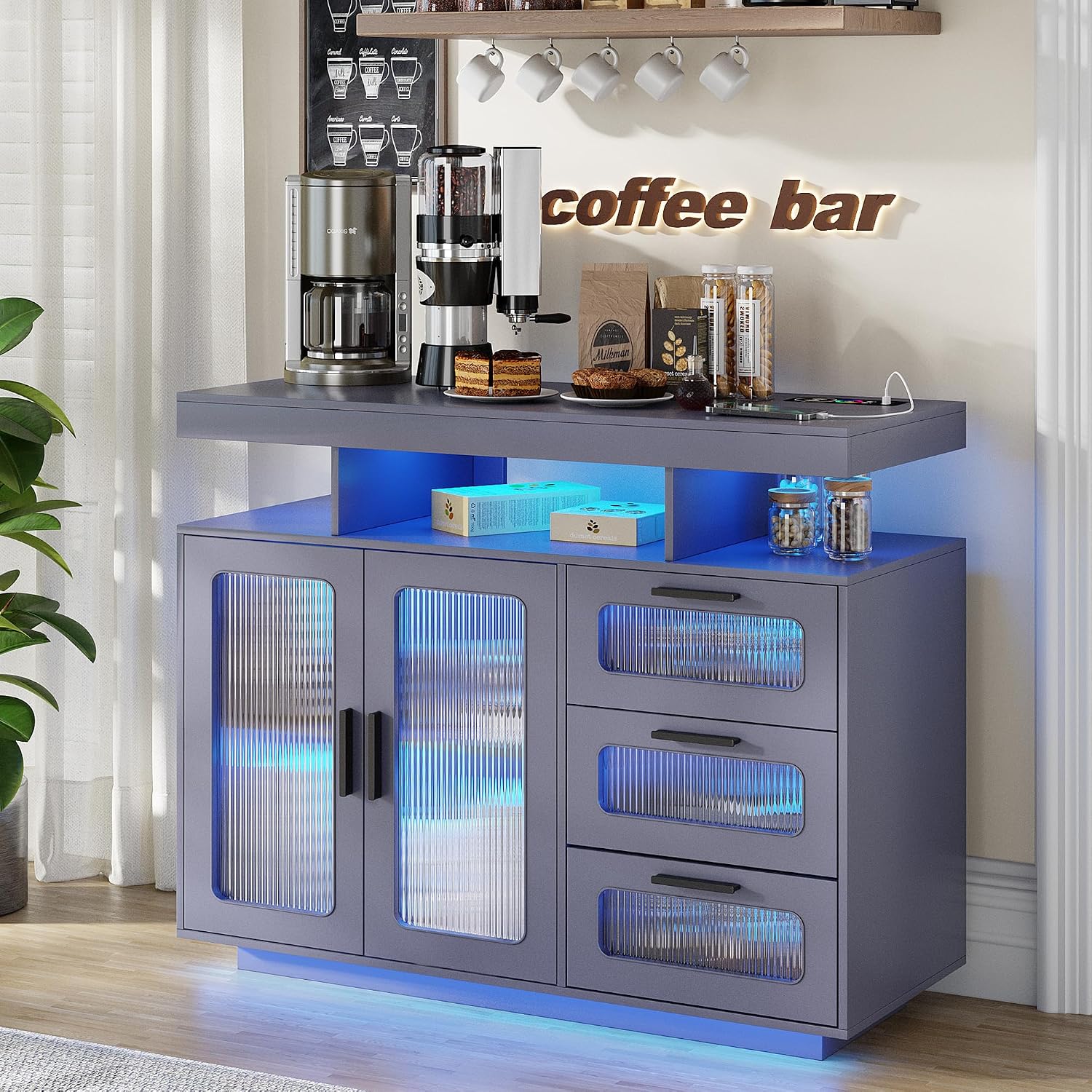 Dystler Coffee Bar Cabinet with Storage, Modern Buffet Cabinet with 3 Drawers and 2 Doors, Sideboard Buffet with Charging Station and Lights, Grey