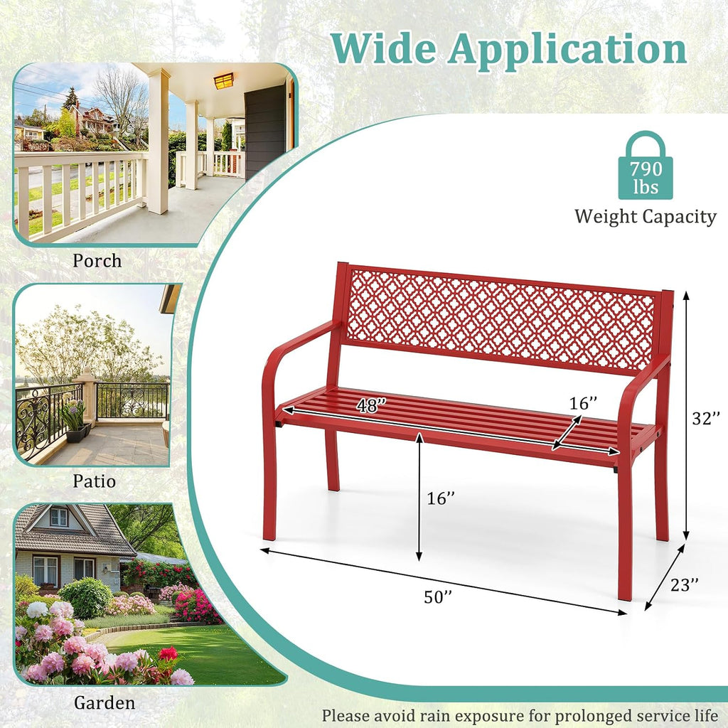 Tangkula 50 Inches Outdoor Garden Bench, Metal Patio Park Bench with Geometric Lattice Backrest, Armrests and Slatted Seat, Outdoor Loveseat Chair for Porch, Lawn and Yard (Red)