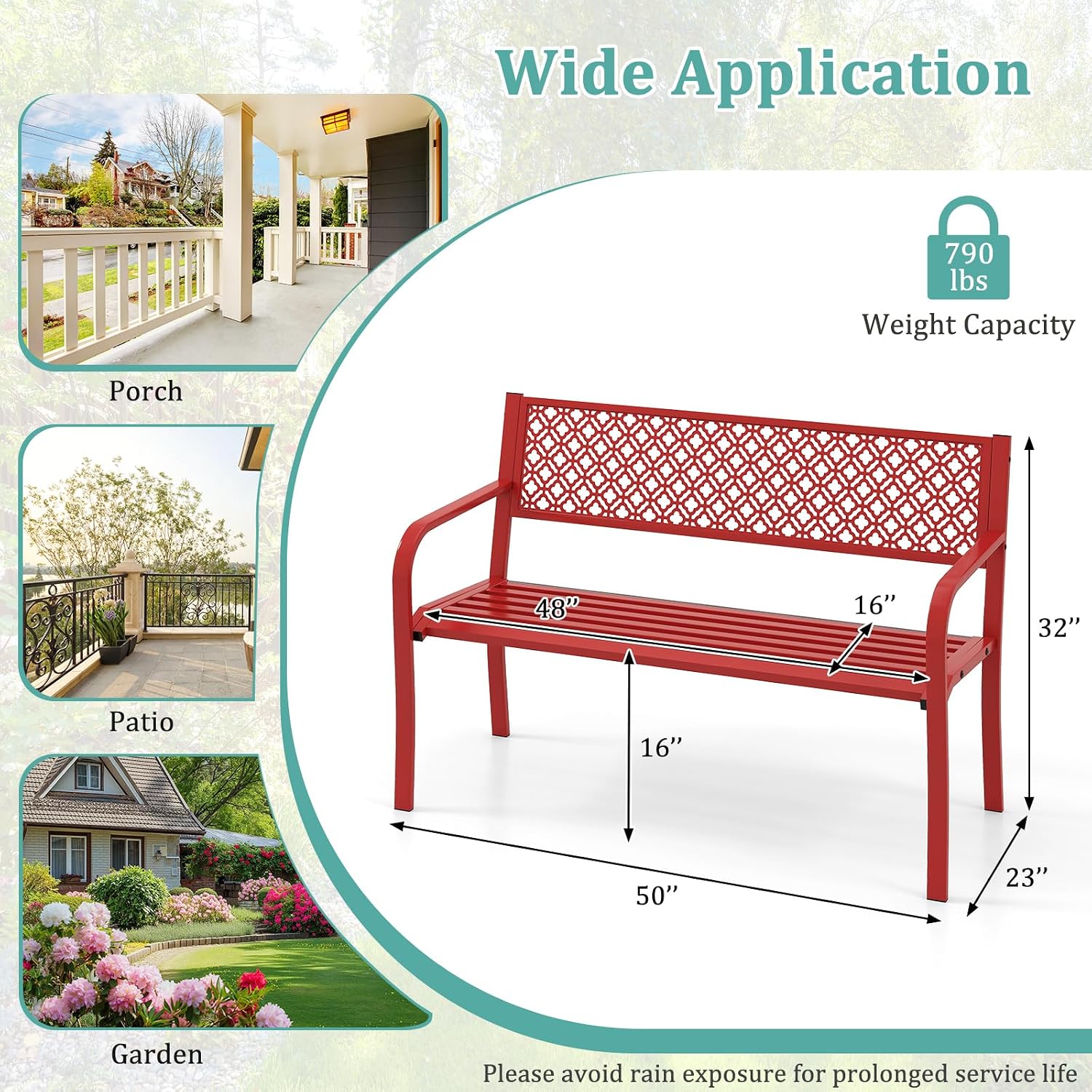 Tangkula 50 Inches Outdoor Garden Bench, Metal Patio Park Bench with Geometric Lattice Backrest, Armrests and Slatted Seat, Outdoor Loveseat Chair for Porch, Lawn and Yard (Red)