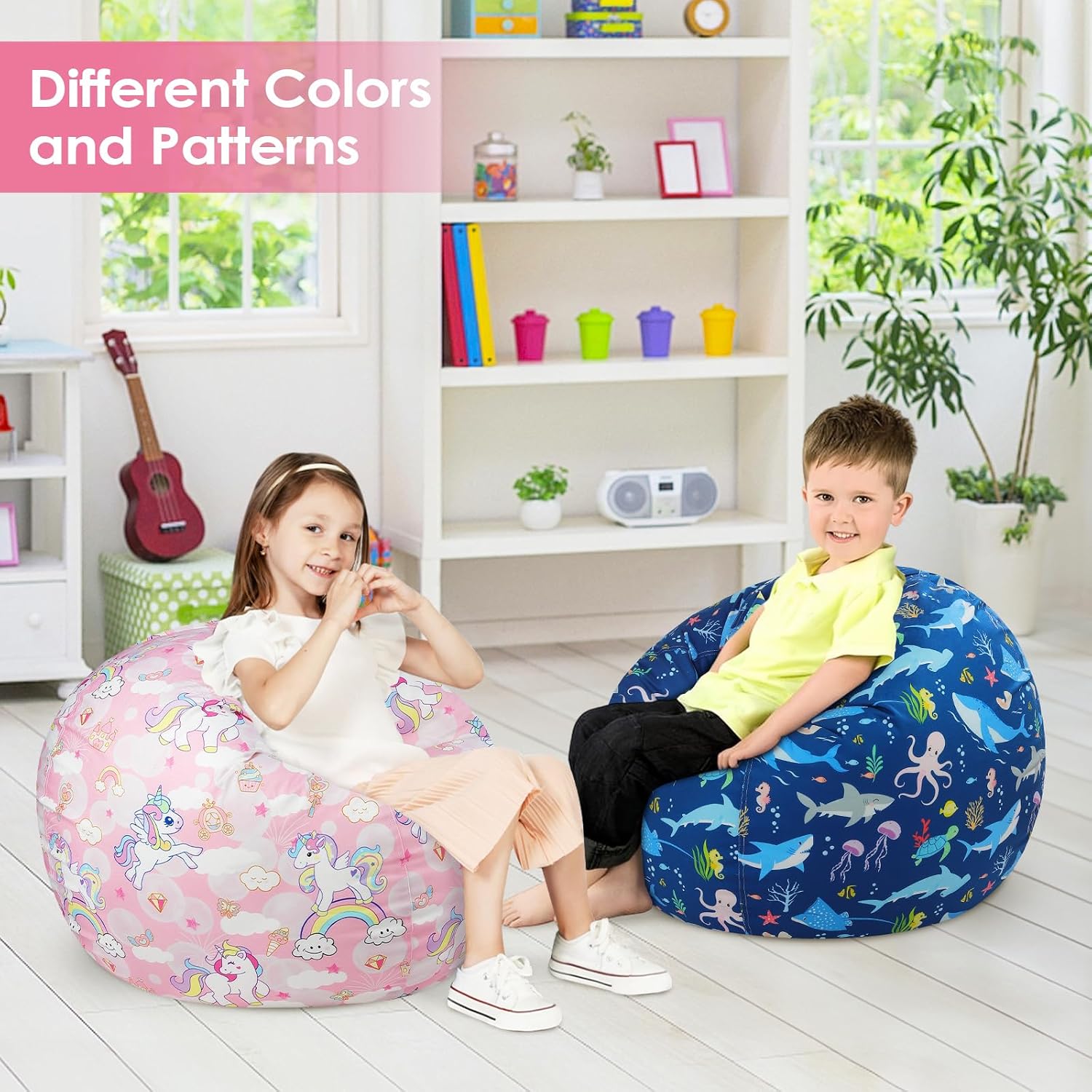 Bean Bag Chair Cover for Kids Stuffed Animal Storage Organizer Seat | Toddler Toy Storage Organizer, For Girls and Boys, Large 32'', Cover Only (No Filling)