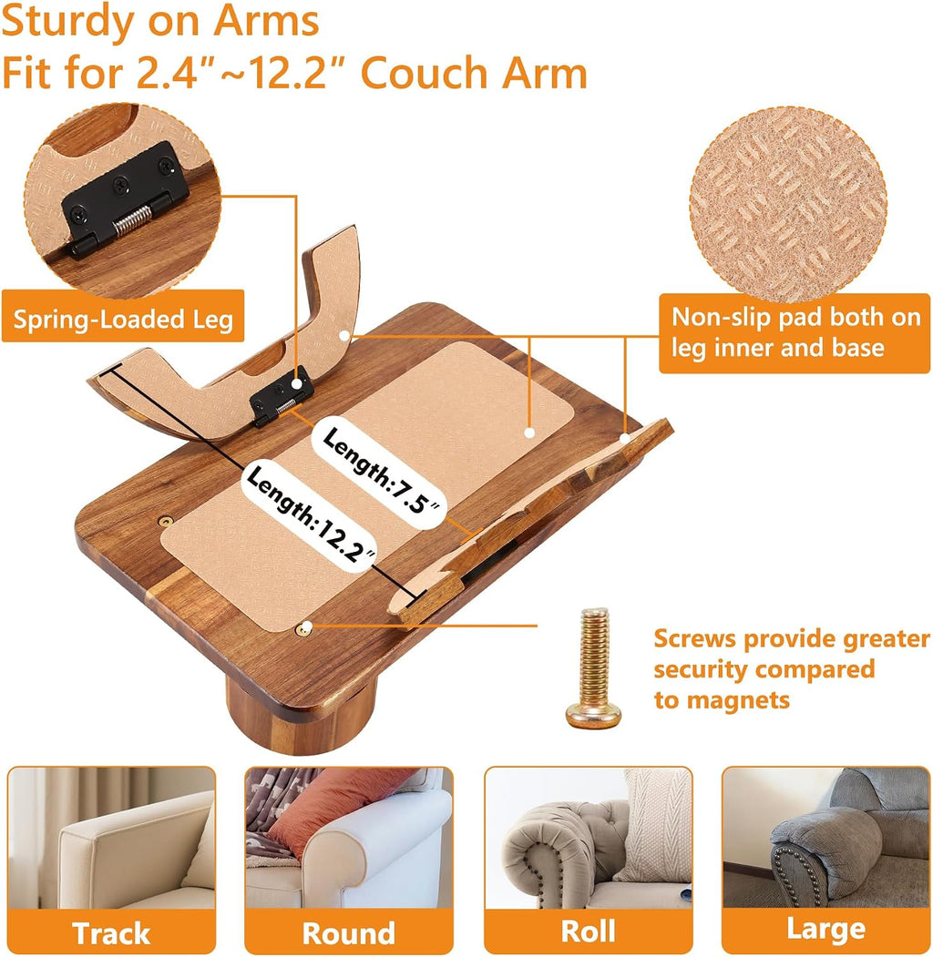 Couch Armrest Table Acacia with 360°Rotating Phone & Cup Holders,15.4" x 9.8", 3-in-1 Couch Arm Tray Clip-On Couch Tray for Drinks & Snacks