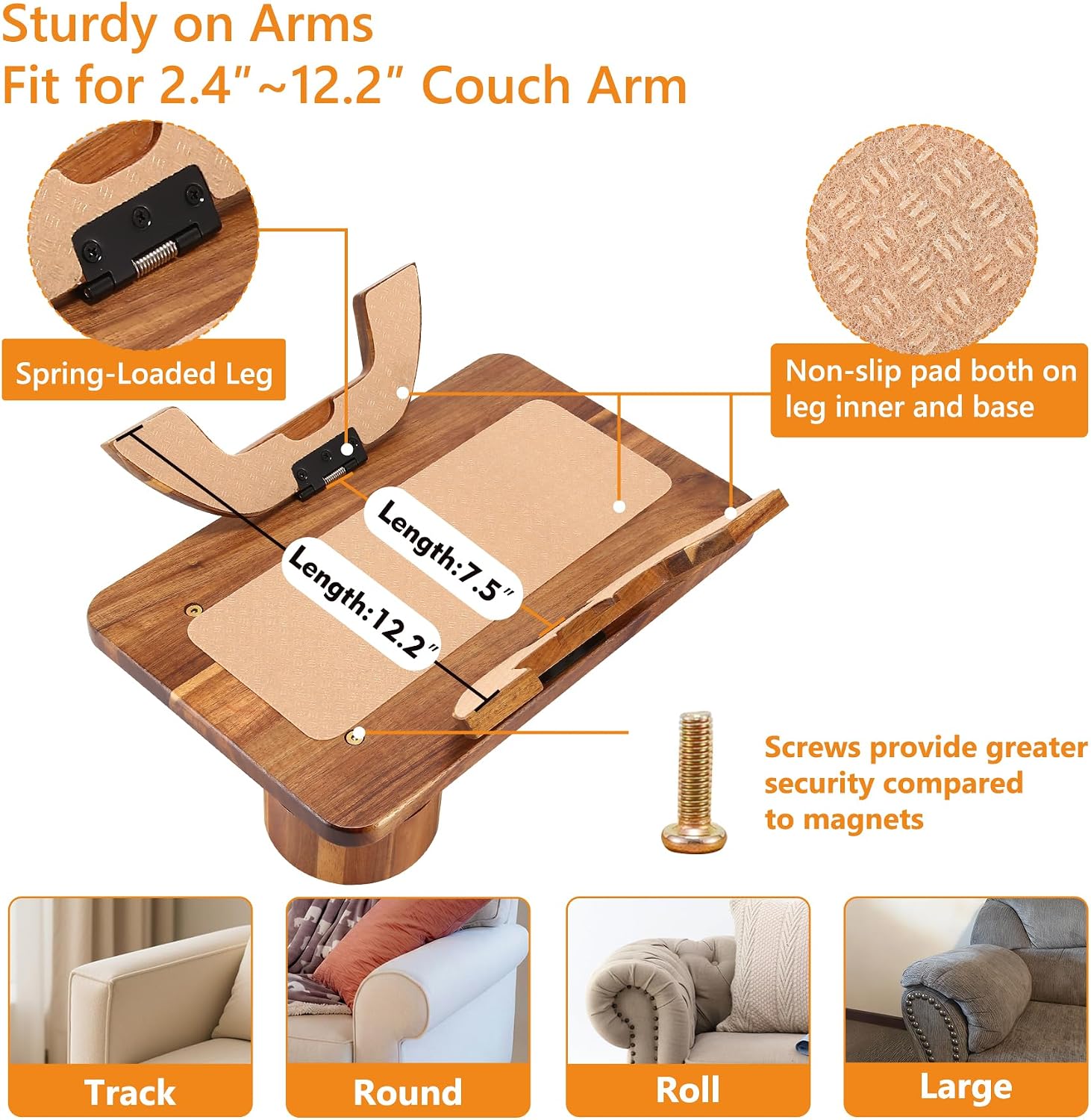 Couch Armrest Table Acacia with 360°Rotating Phone & Cup Holders,15.4" x 9.8", 3-in-1 Couch Arm Tray Clip-On Couch Tray for Drinks & Snacks