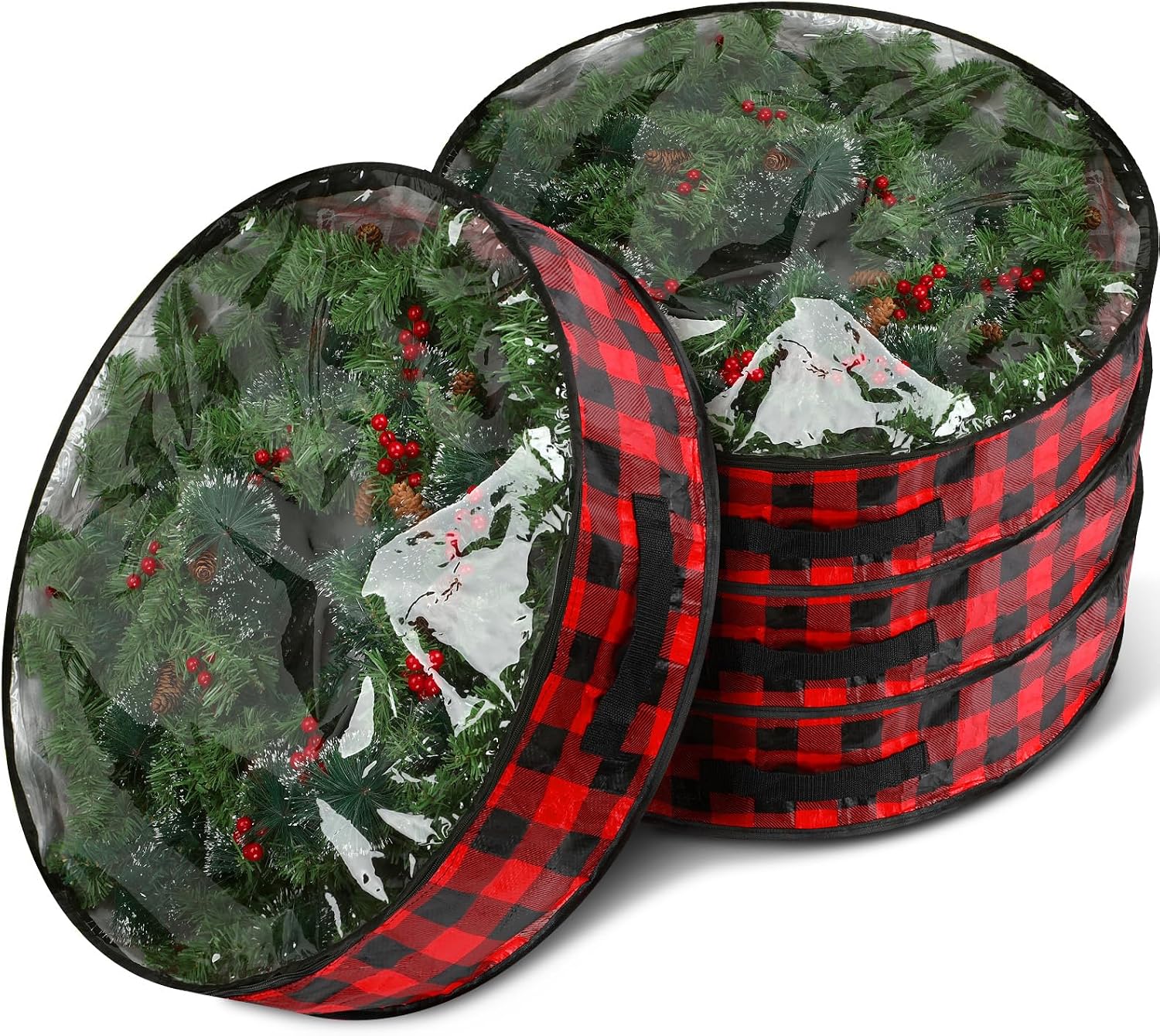 Kingdder 4 Pcs Christmas Wreath Storage Bags 30 Inch Xmas Garland Container Case with Clear Window Handles Zipper Black and Red Buffalo Plaid Wreath Box for Holiday Seasonal Storage
