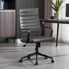 Okeysen Genuine Leather Office Chair, Mid-Century Modern Real Leather Conference Room Chairs, Ergonomic Executive Ribbed Height Adjustable Swivel Rolling Desk Chair for Home Office.