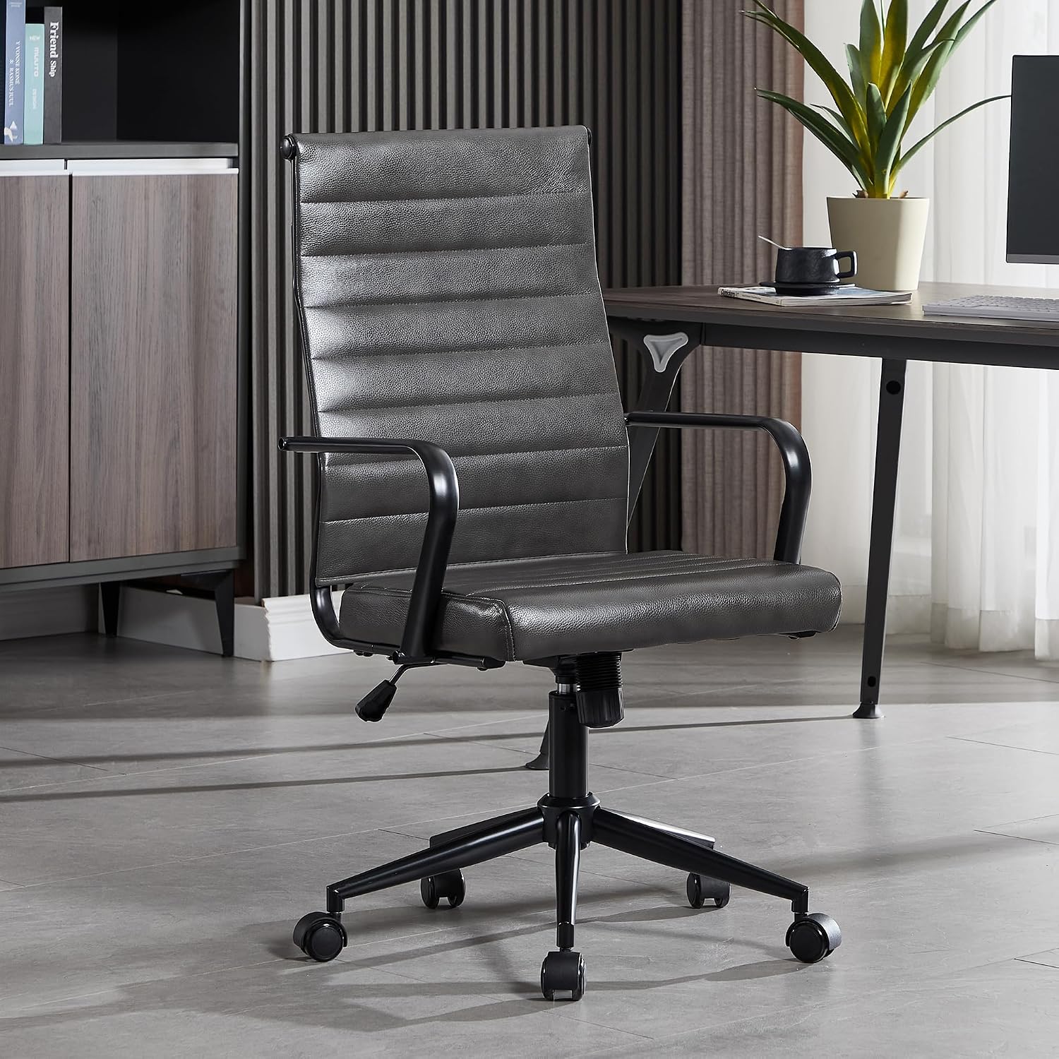 Okeysen Genuine Leather Office Chair, Mid-Century Modern Real Leather Conference Room Chairs, Ergonomic Executive Ribbed Height Adjustable Swivel Rolling Desk Chair for Home Office.