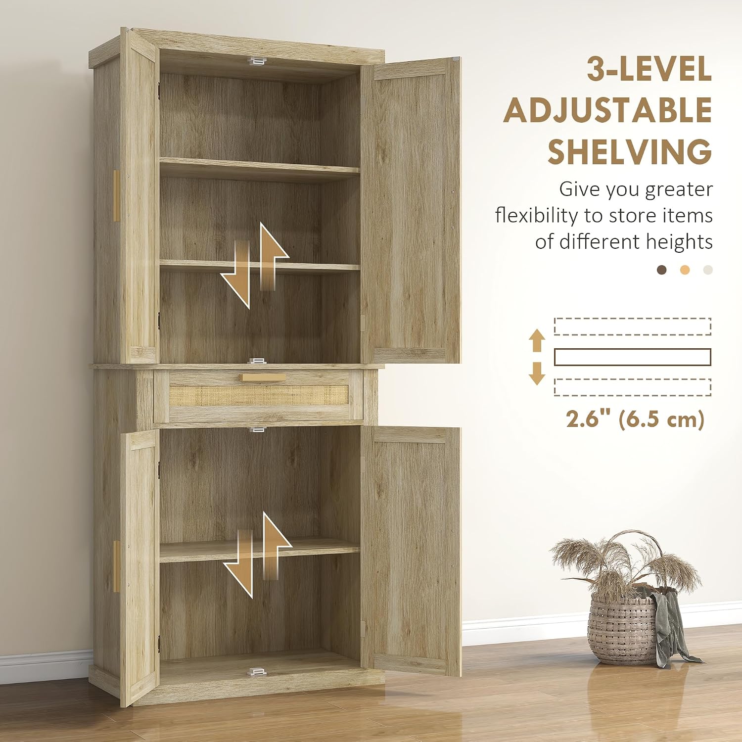 72" Tall Pantry Cabinet with Rattan Decorated Panel, Freestanding Kitchen Storage Cabinet with 4 Doors, Drawer, 5-Tier Shelf and Adjustable Shelves, Oak,15.8 * 30 * 72
