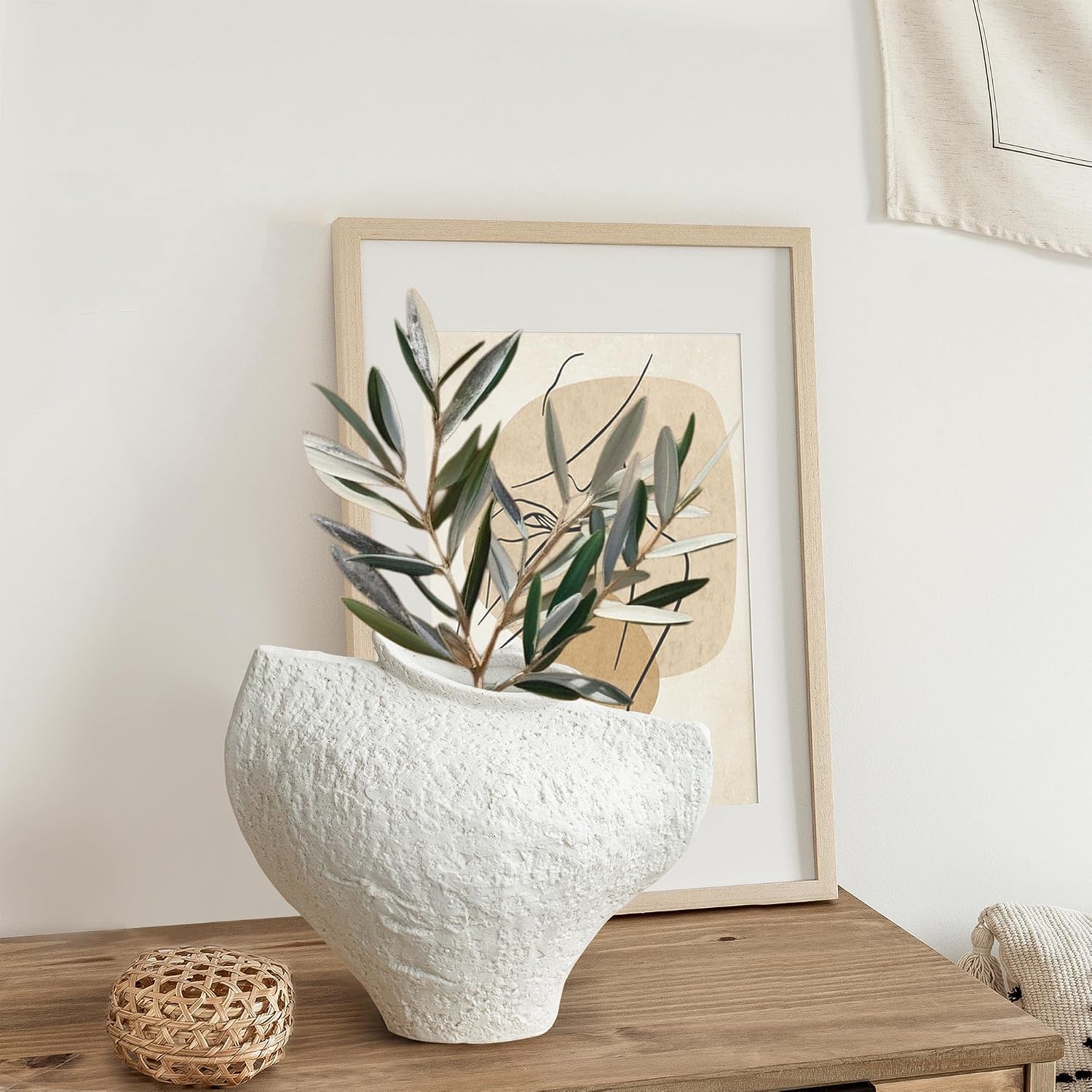 White Ceramic Vase, Modern Farmhouse Style for Table, Kitchen, Bookshelf, Entryway, Counter, Vanity Decor, Stone Textured Small Artistic Handmade Vase for Pampas Grass, Flowers