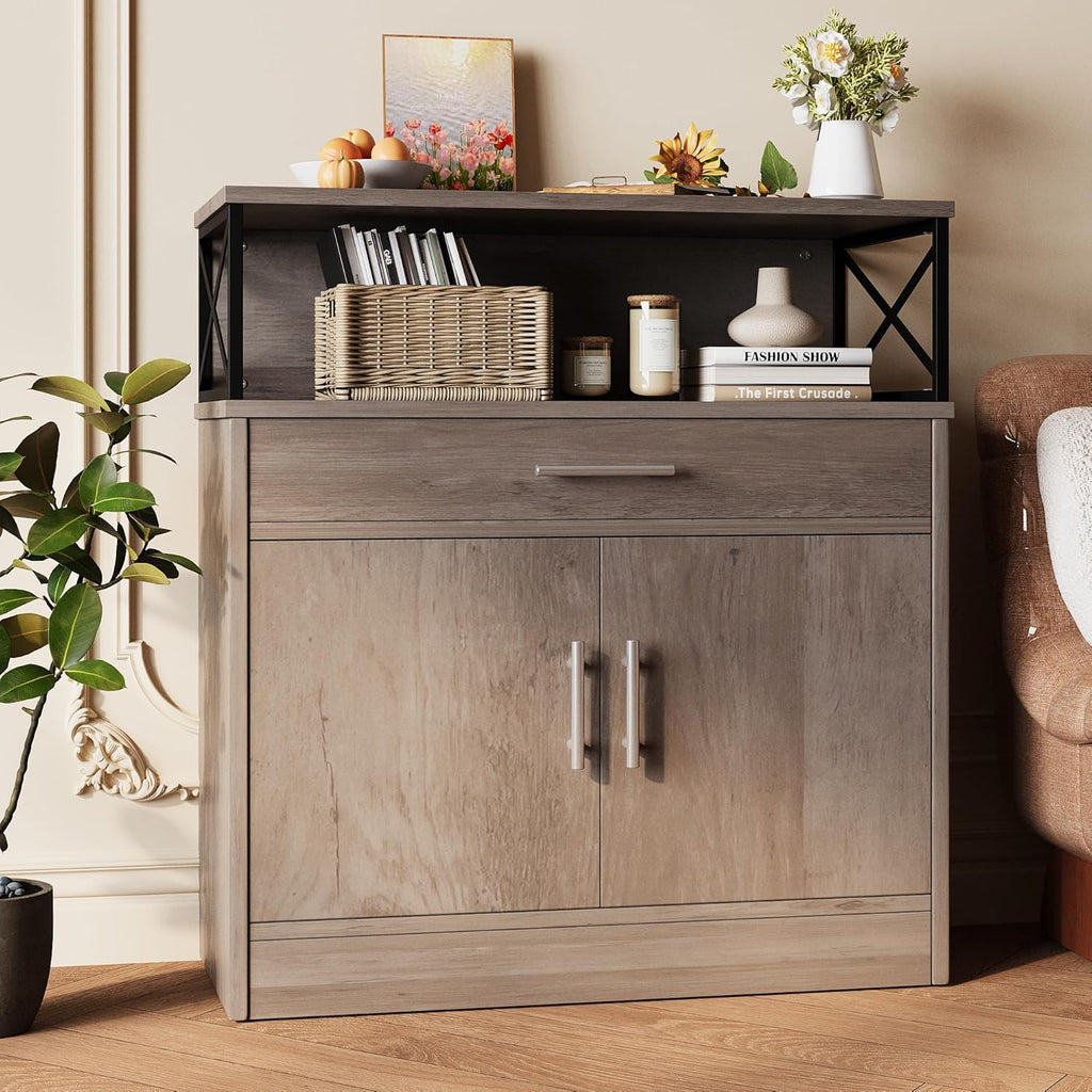 Vongrasig Farmhouse Coffee Bar Cabinet, Modern Sideboard Buffet Table with Adjustable Shelf, Storage Cabinet for Kitchen, Dining Room, Ash Grey