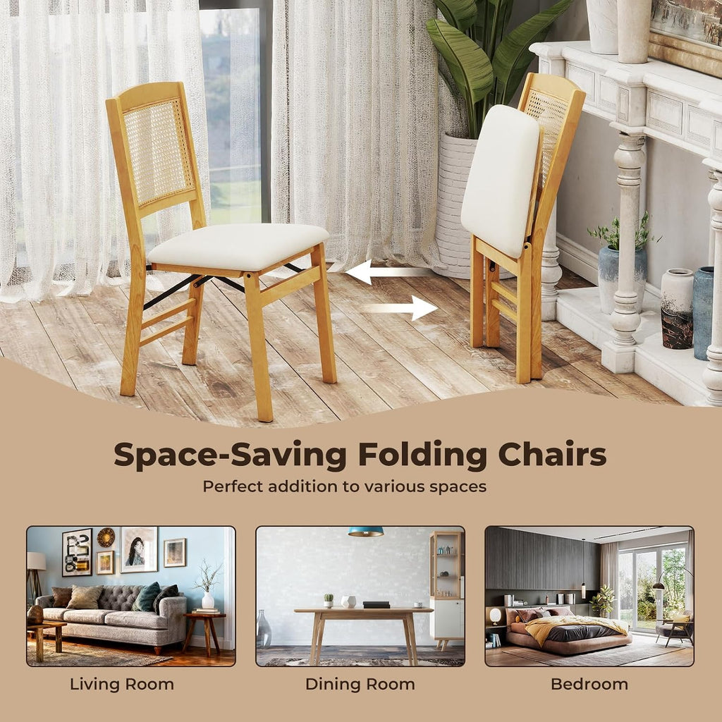 HAPPYGRILL Folding Dining Chairs Set of 2, Wood Kitchen Chair with Rattan Backrest & Padded Seat, Foldable Armless Side Chairs Set for Dining Room, Living Room, No Assembly (2, Natural & Beige)
