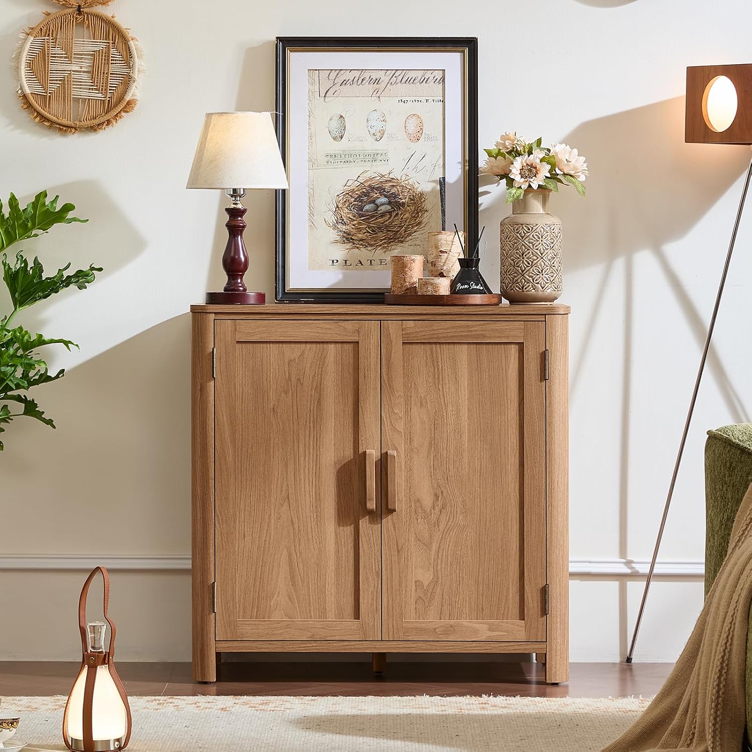 Joaxswe Sideboard Buffet Cabinet with Storage, 31.5" Arc-Shaped Credenza with 2 Doors & Adjustable Shelves, Mid Century Modern Coffee Bar Storage Cabinet for Kitchen, Living Room, Entryway, Darkwood