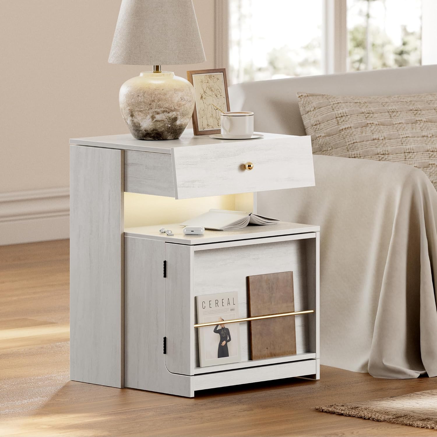 Nightstand with Charging Station and LED Lights, Night Stand with Sliding Top, Wood Modern Bedside End Table with Storage Drawer and Front Storage for Bedroom, White