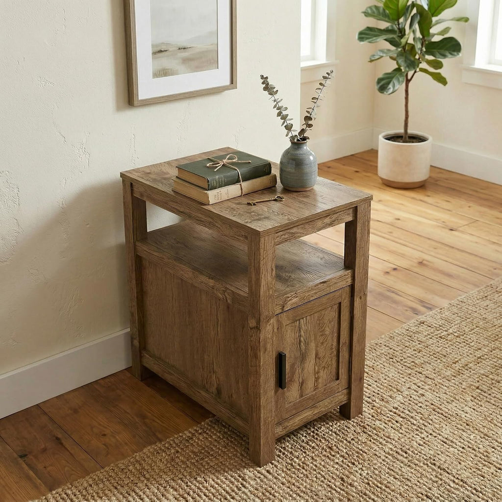 Signature Design by Ashley Fendenmore Farmhouse Chairside End Table with Storage and USB Ports, Dark Brown