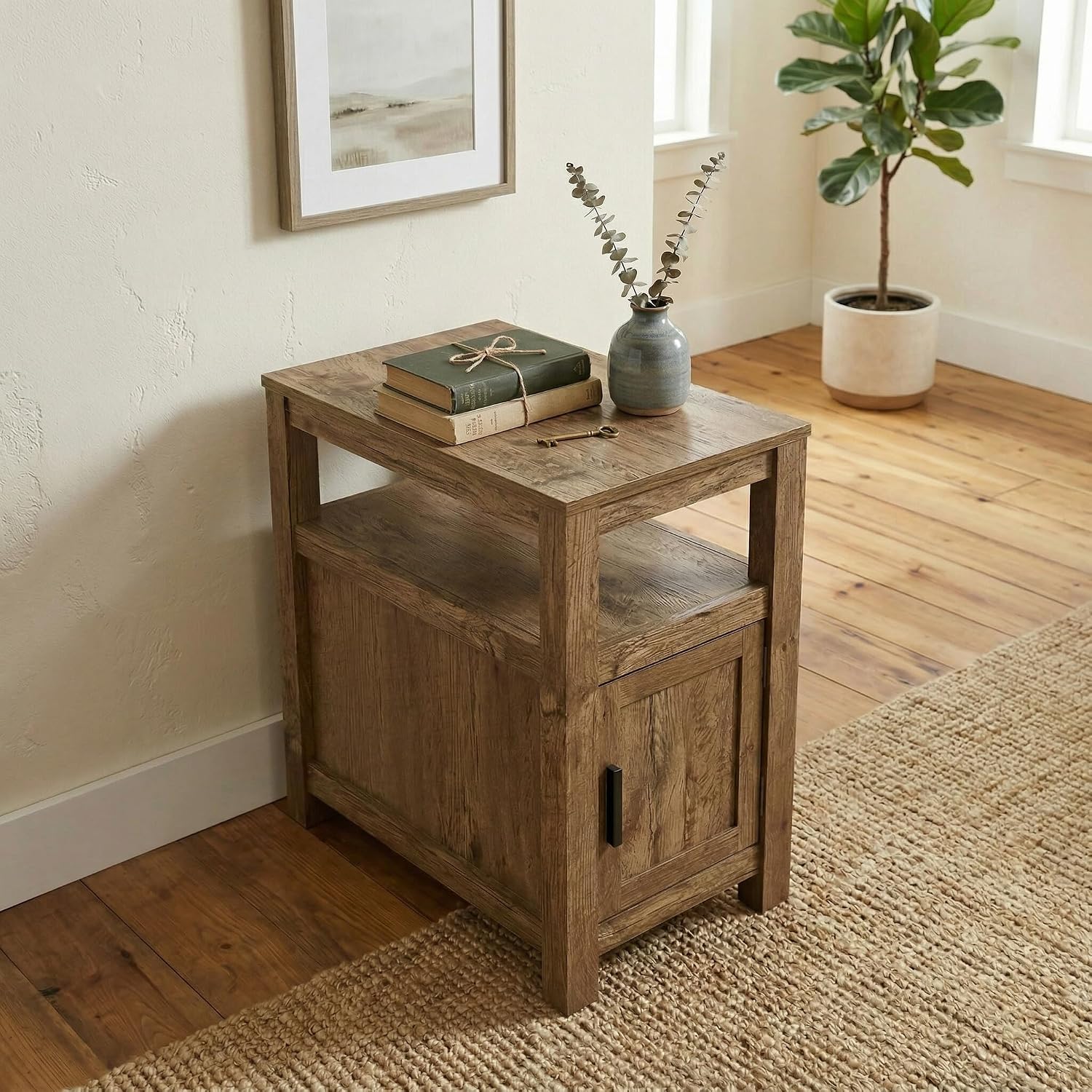 Signature Design by Ashley Fendenmore Farmhouse Chairside End Table with Storage and USB Ports, Dark Brown