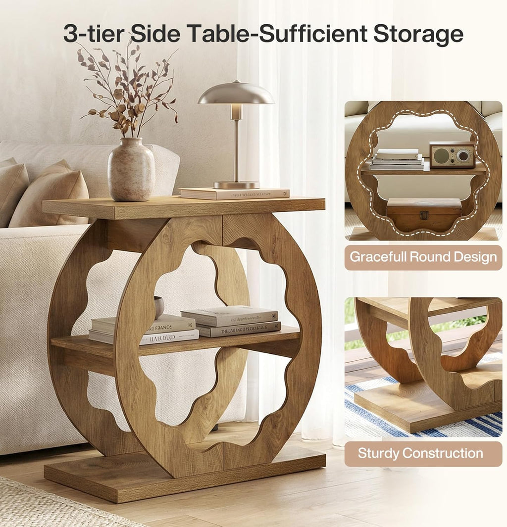Tribesigns End Table Set of 2, Narrow Side Table with Storage, 3-Tier Couch End Table Bedside Tables for Small Spaces, Bedroom, Natural Oak