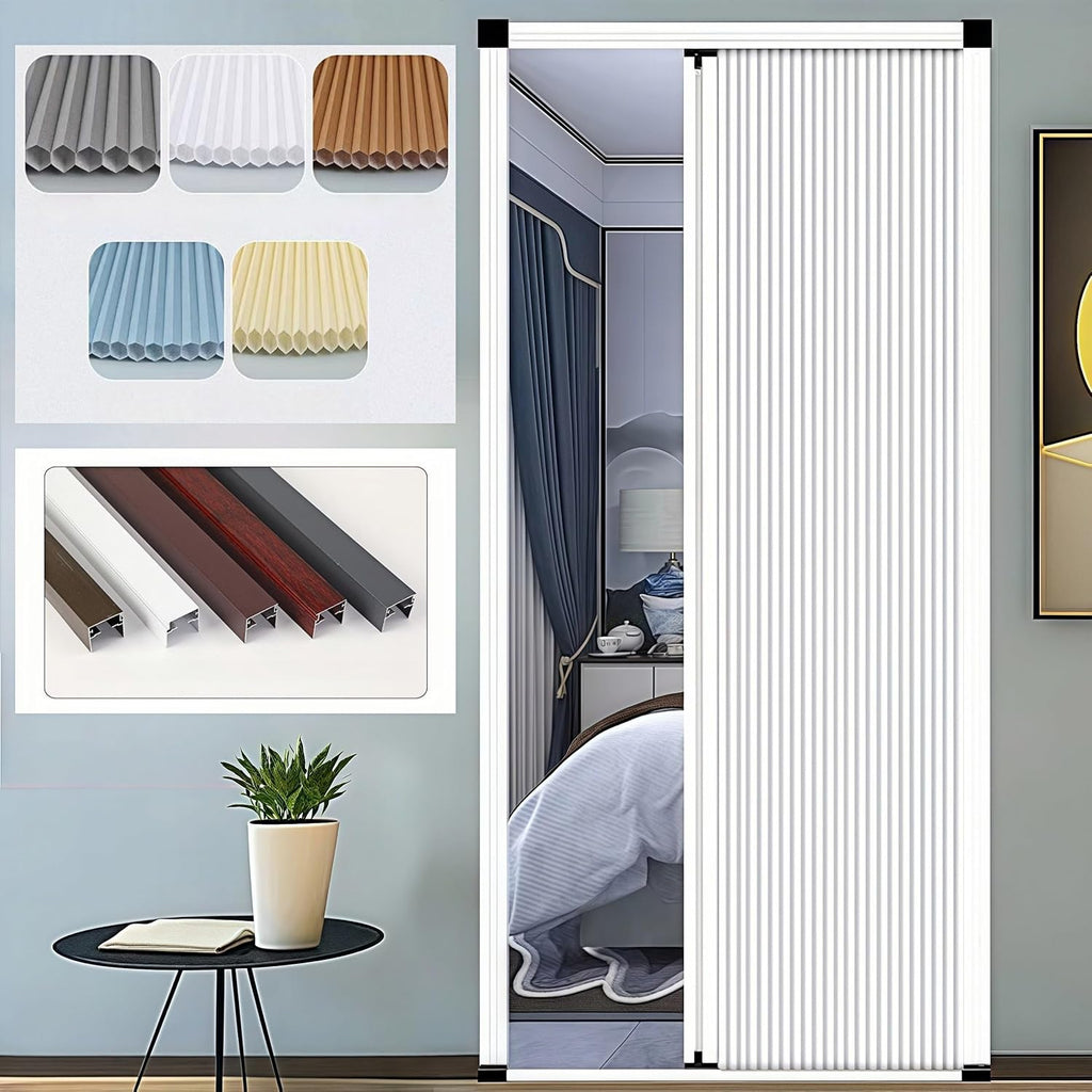 No-Drilling Sliding Folding Door,Interior Accordian Door with Aluminum Frame and Cellular Fabric,Room Divider for Closet RV Patio Shower Door Suitable，Customize Size (Blackout White)