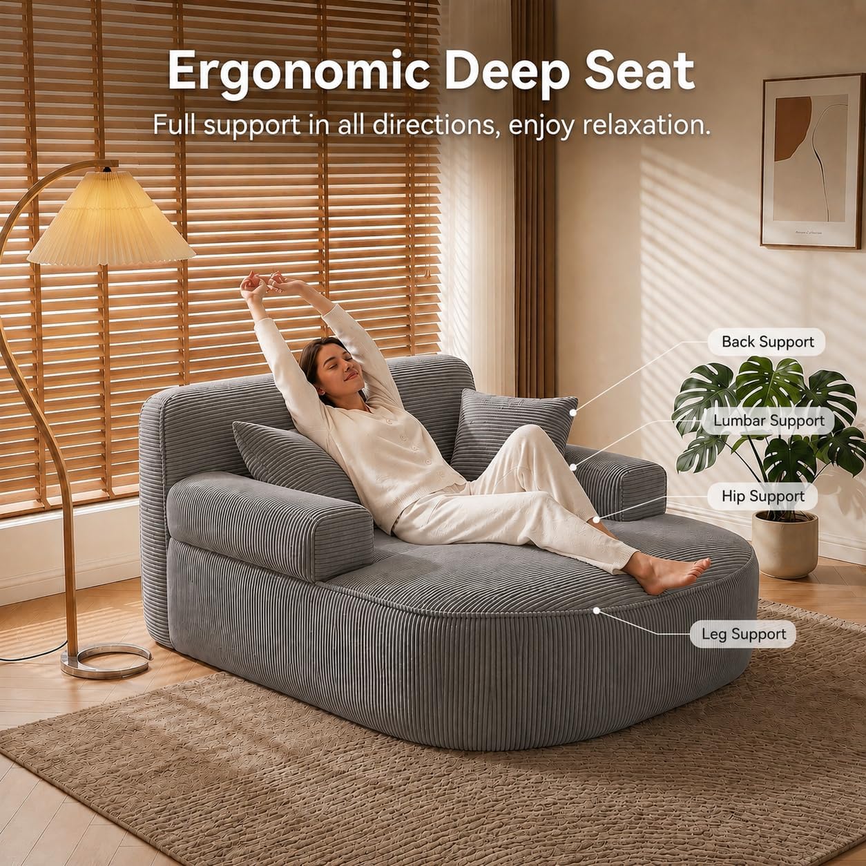 Oversized Chaise Lounge Chair Indoor, Boneless Couch Cloud Chair with 3 Comfy Pillows, Corduroy High-Density Foam Reading Chair, Wide Arms Bed Sleeper Sofa for Living Room Bedroom Relaxing