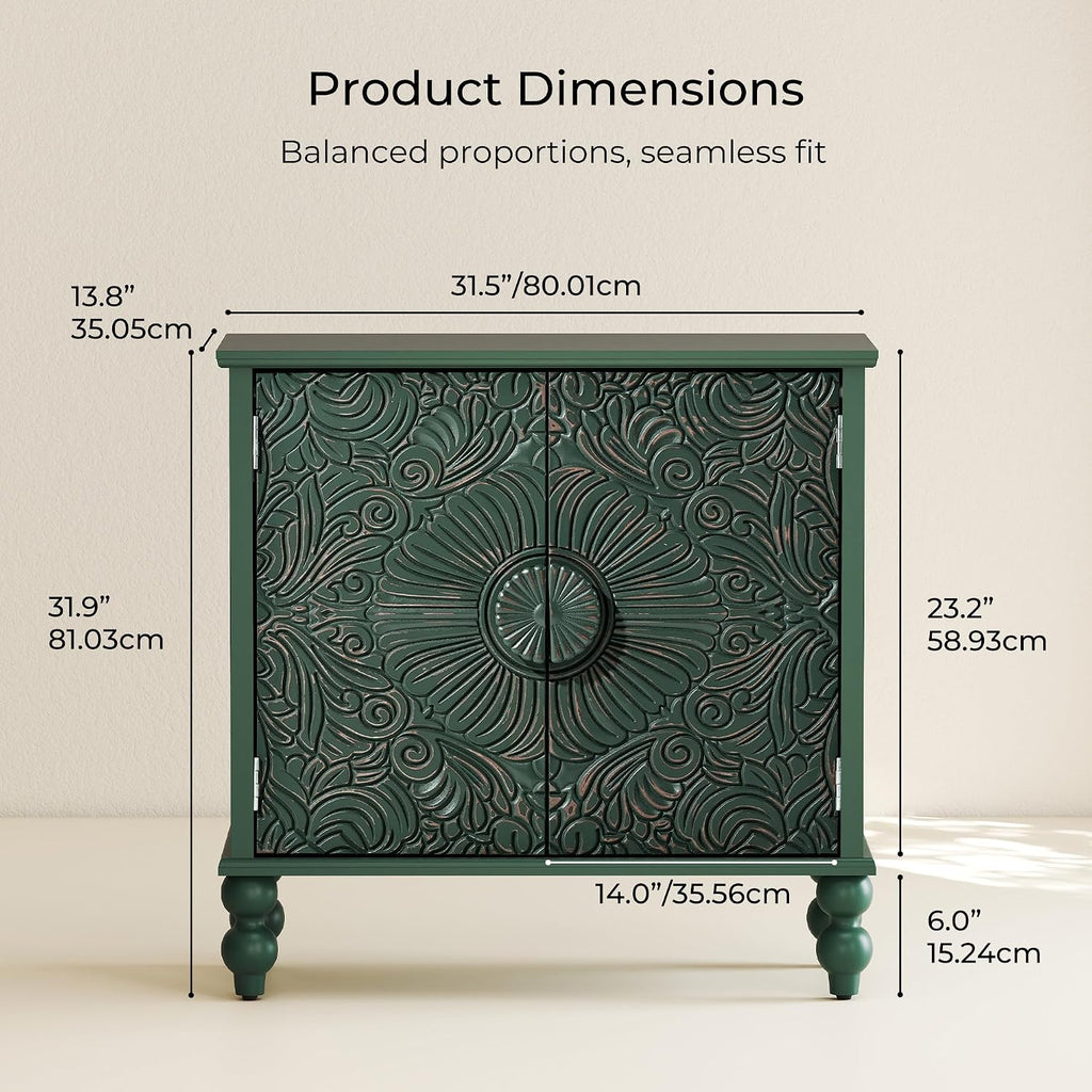 Buffet Cabinet with Storage, Accent Cabinet with 2 Carved Doors, Solid Wood Sideboard with Adjustable Shelf, Vintage Cabinets for Kitchen, Living Room, Entryway, Green