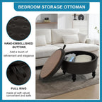 30 Inch Round Ottoman with Storage, Tufted PU Leather Storage Bench for Bedroom, Living Room & Entryway, Modern Upholstered Coffee Table with Wooden Black Legs, Dark Brown(PU)