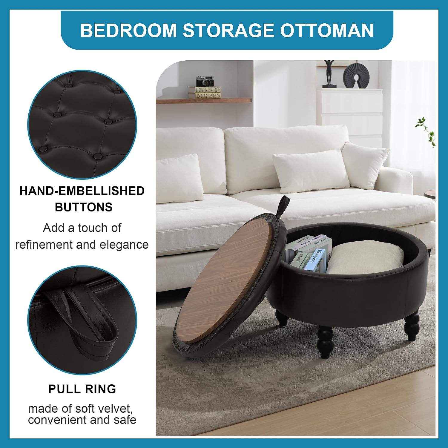 30 Inch Round Ottoman with Storage, Tufted PU Leather Storage Bench for Bedroom, Living Room & Entryway, Modern Upholstered Coffee Table with Wooden Black Legs, Dark Brown(PU)
