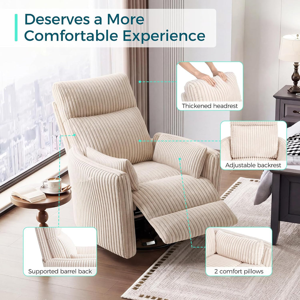 LINSY 220° Swivel Electric Power Recliner Chair, Corduroy Nursing Rocker with USB & Type-C, High Back Adult Comfort Chair with 2 Pillows, Space-Saving for Nursery, Bedroom, Living Room（Beige）