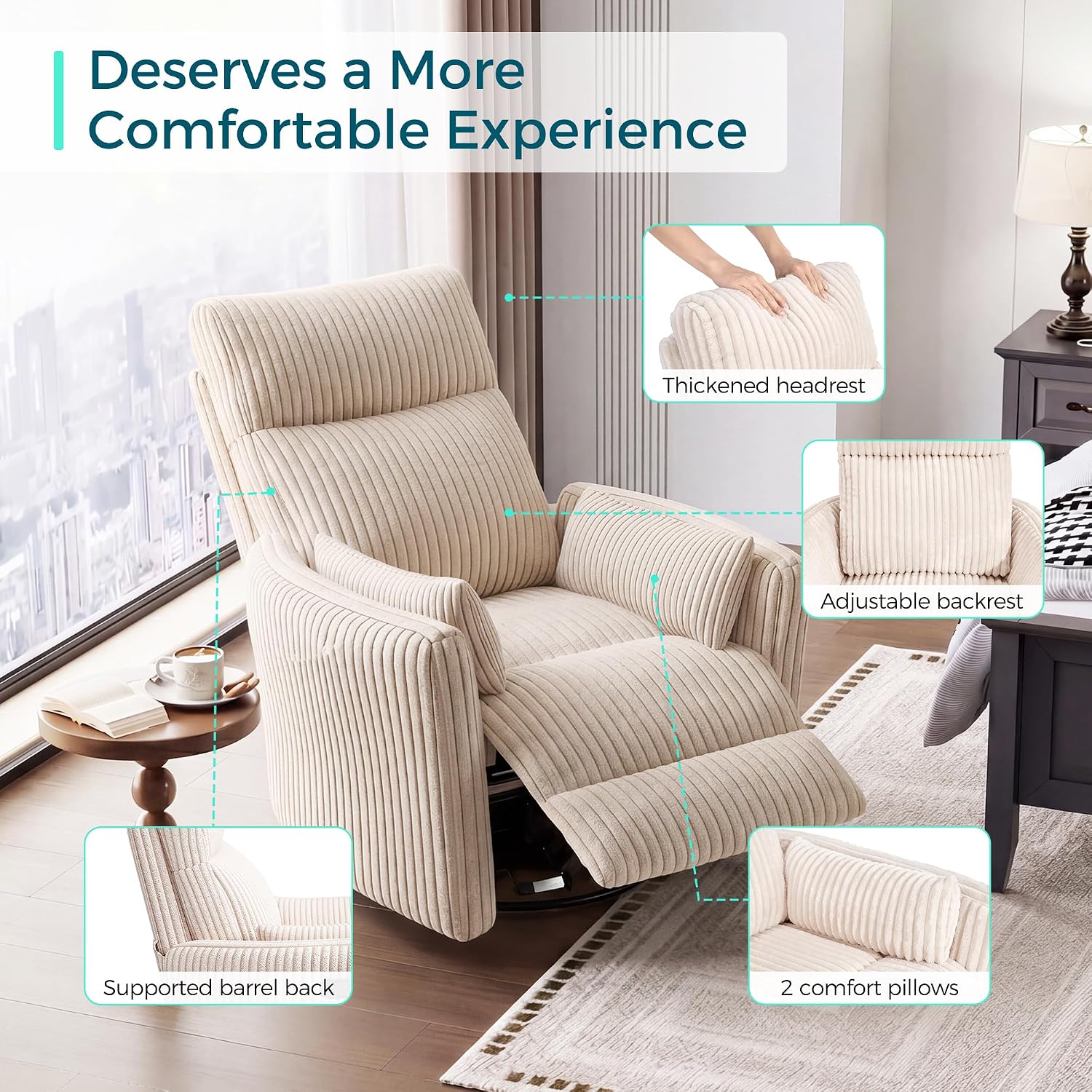 LINSY 220° Swivel Electric Power Recliner Chair, Corduroy Nursing Rocker with USB & Type-C, High Back Adult Comfort Chair with 2 Pillows, Space-Saving for Nursery, Bedroom, Living Room（Beige）