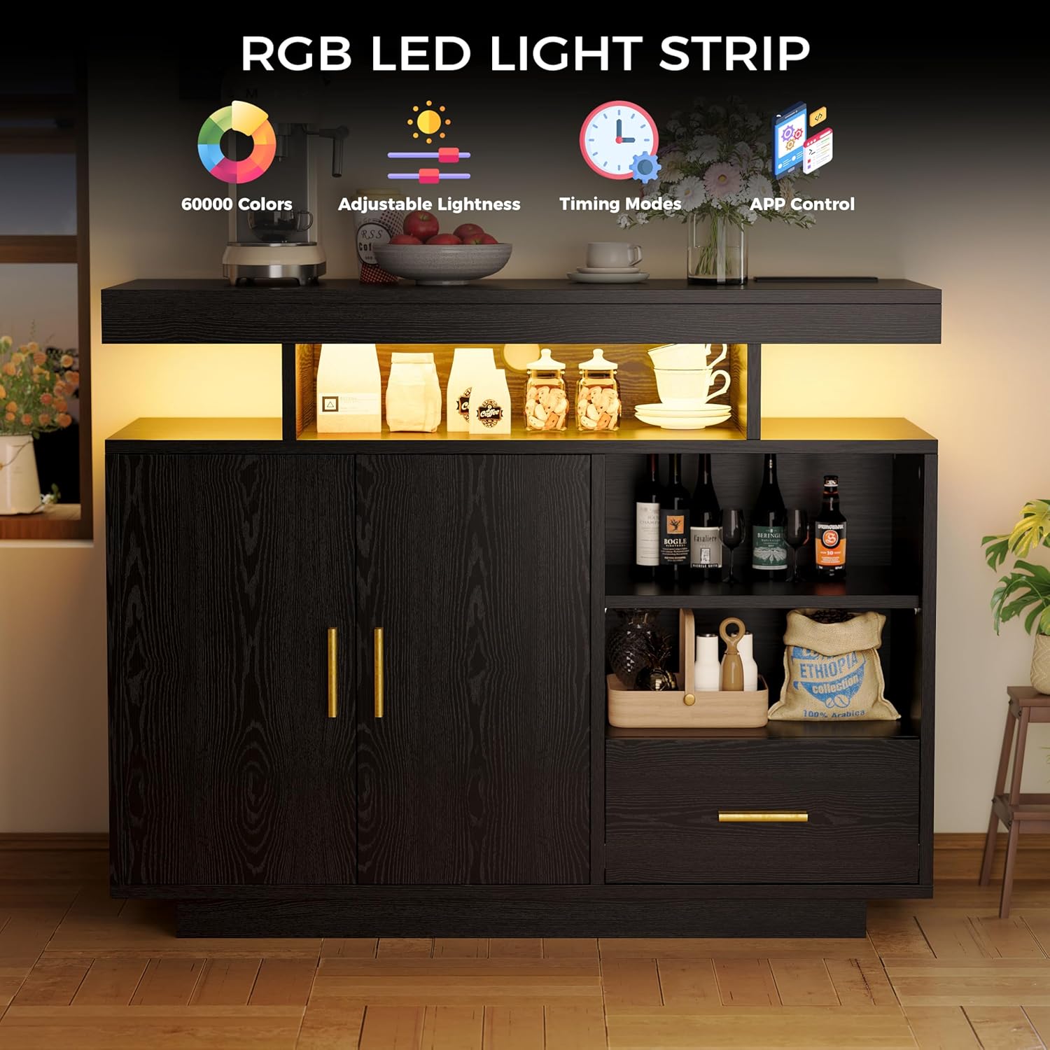 IRONCK Buffet Cabinet, Sideboard Cabinet with Power Outlet and LED Light, Modern Storage Cabinet with Drawer and Shelves, Black
