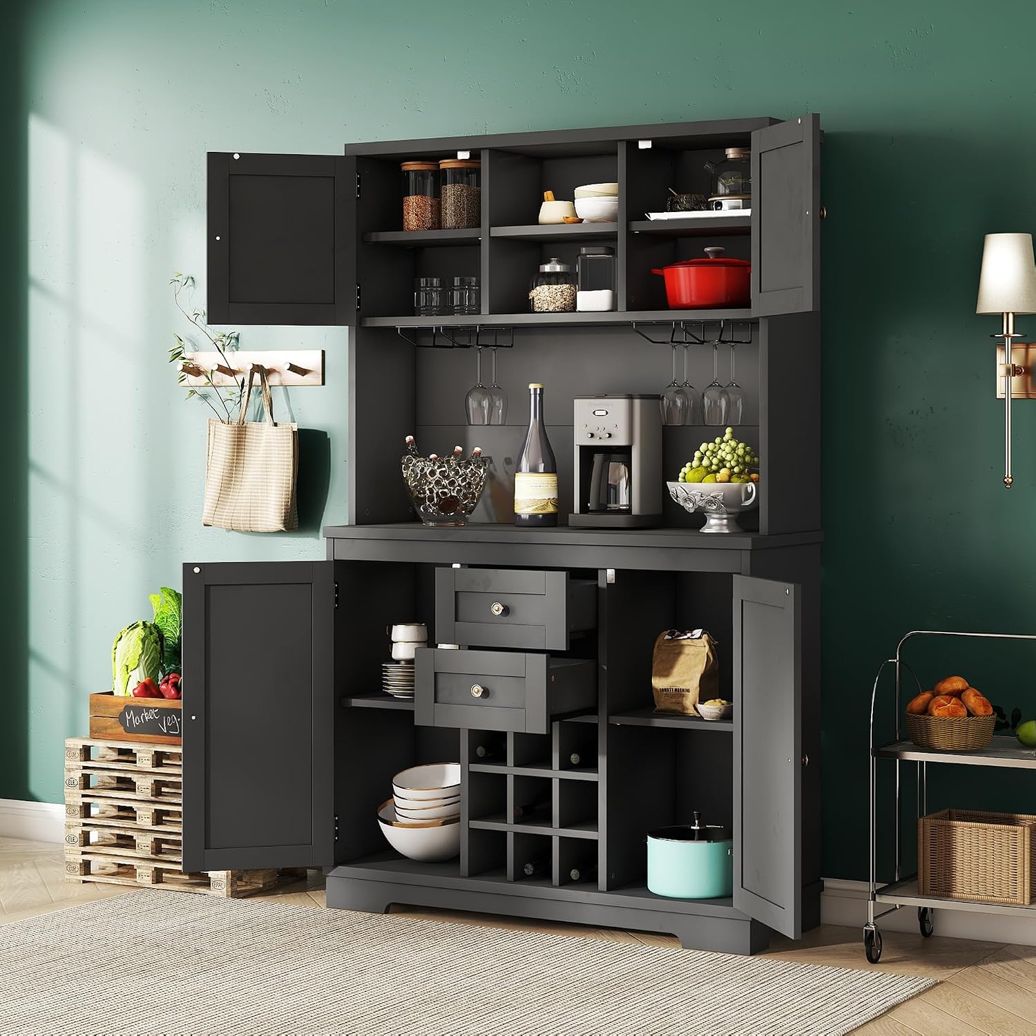 Farmhouse Kitchen Buffet Cabinet with Storage, Black Food Pantry Organizer with Wine Racks, Glass Shelves & Drawers for Dining Room