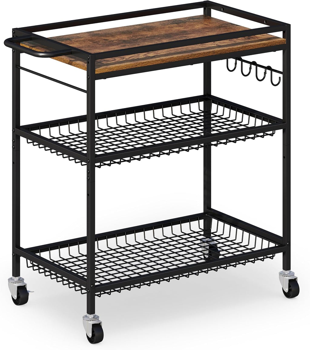 3 Tier Heavy Duty Rolling Kitchen Cart with Handle & Locking Wheels – Metal Utility Storage Cart for Kitchen, Laundry Room, Garage & Office – Supports Over 150 lbs Mobile Organizer Shelf