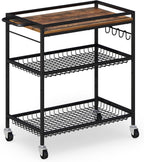 3 Tier Heavy Duty Rolling Kitchen Cart with Handle & Locking Wheels – Metal Utility Storage Cart for Kitchen, Laundry Room, Garage & Office – Supports Over 150 lbs Mobile Organizer Shelf