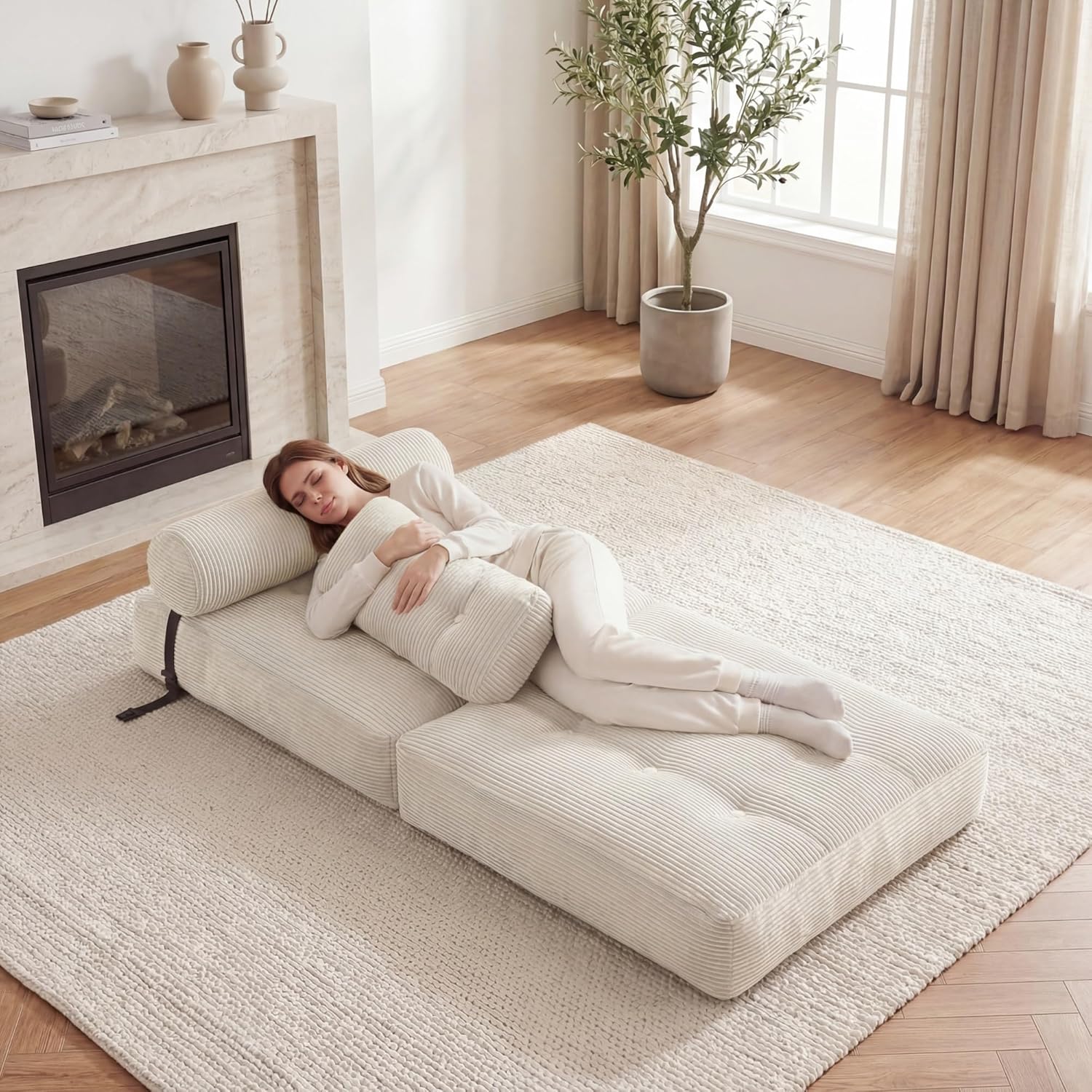 KOMFOTT Convertible Folding Sofa Bed with Pillow, Fold Out Sleeper Chair with Back Support, Tufted Corduroy Floor Sofa with Fixing Straps for Living Room Bedroom Guest Room (Beige)