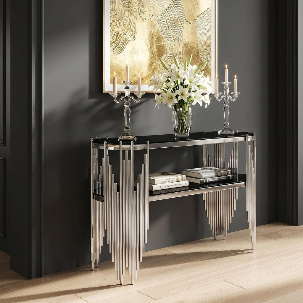 Modern Oval Console Table, 47 Inch Silver Sofa Tables with 2-Tier Black Tempered Glass Shelves & Polished Stainless Steel Frame Accent Side Table for Hallway Living Room (Silver+Black)