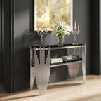Modern Oval Console Table, 47 Inch Silver Sofa Tables with 2-Tier Black Tempered Glass Shelves & Polished Stainless Steel Frame Accent Side Table for Hallway Living Room (Silver+Black)