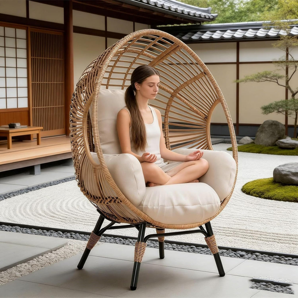 Balcony Chairs Wicker Egg Chair, 400lbs Capacity, Weather-Resistant PE Rattan, Indoor Outdoor Use(Natural)