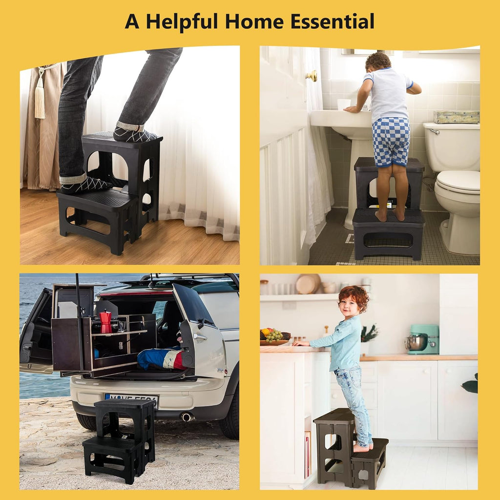 2 Step Folding Stool Non Slip 250 lb Capacity Foldable Step Stool 8 and 17 Inch Dual Height Portable Foot Stool for Kitchen Bathroom Black
