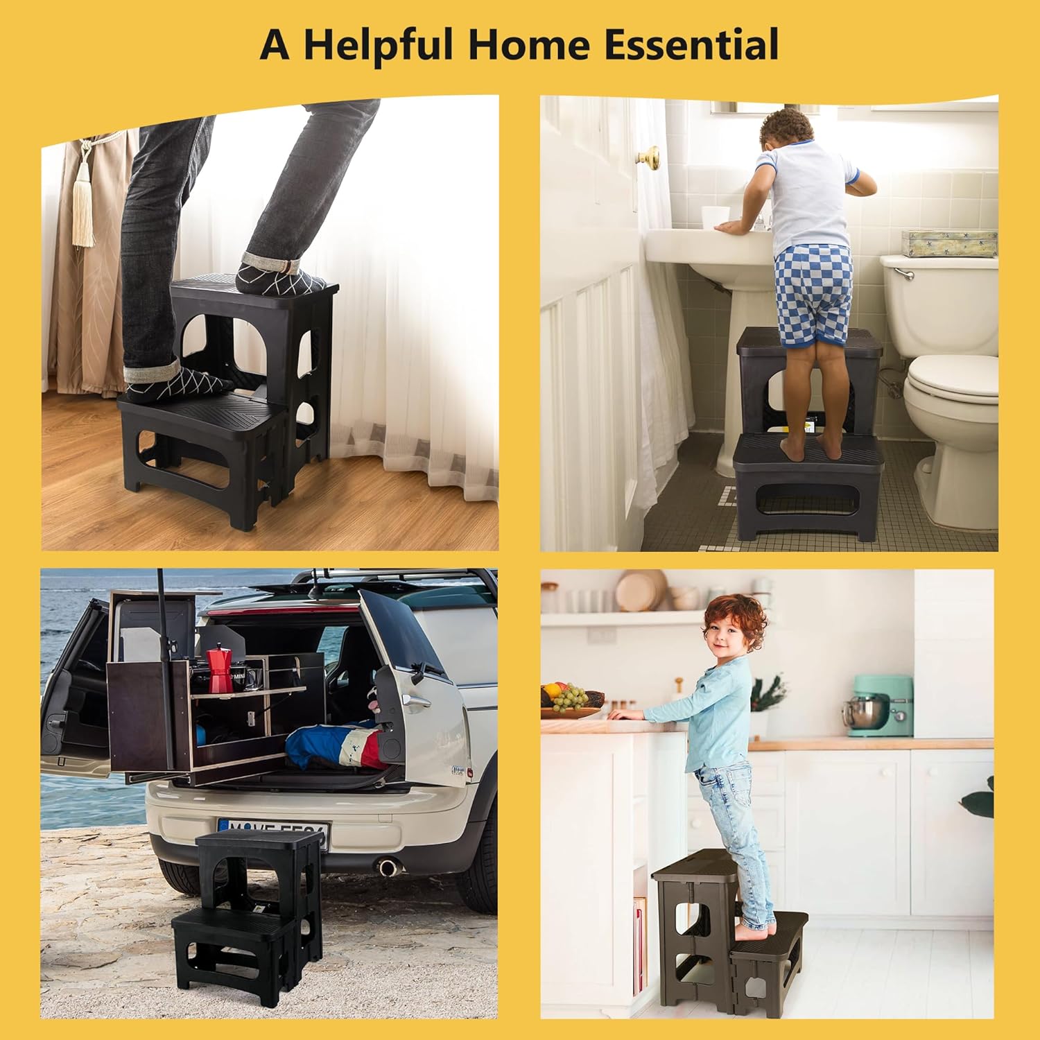 2 Step Folding Stool Non Slip 250 lb Capacity Foldable Step Stool 8 and 17 Inch Dual Height Portable Foot Stool for Kitchen Bathroom Black