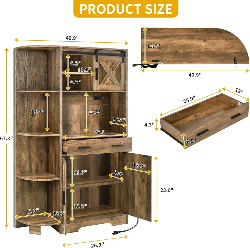 DWVO 67.3" Farmhouse Kitchen Pantry, Storage Cabinet Baker Rack with Power Outlet, Freestanding Hutch with Barn Door & Drawer, Buffet Sideboard with Microwave Stand for Dining Room, Rustic Brown
