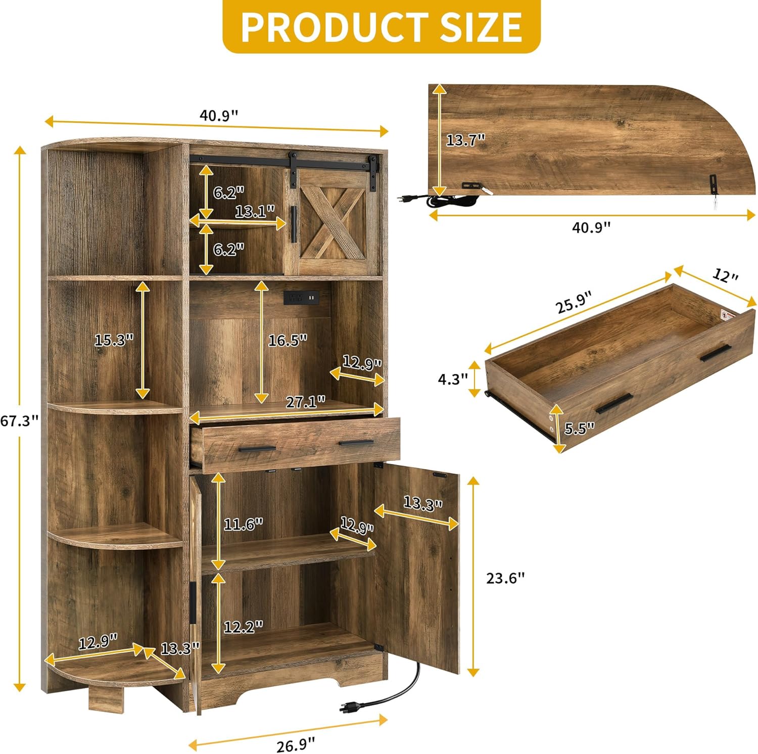 DWVO 67.3" Farmhouse Kitchen Pantry, Storage Cabinet Baker Rack with Power Outlet, Freestanding Hutch with Barn Door & Drawer, Buffet Sideboard with Microwave Stand for Dining Room, Rustic Brown