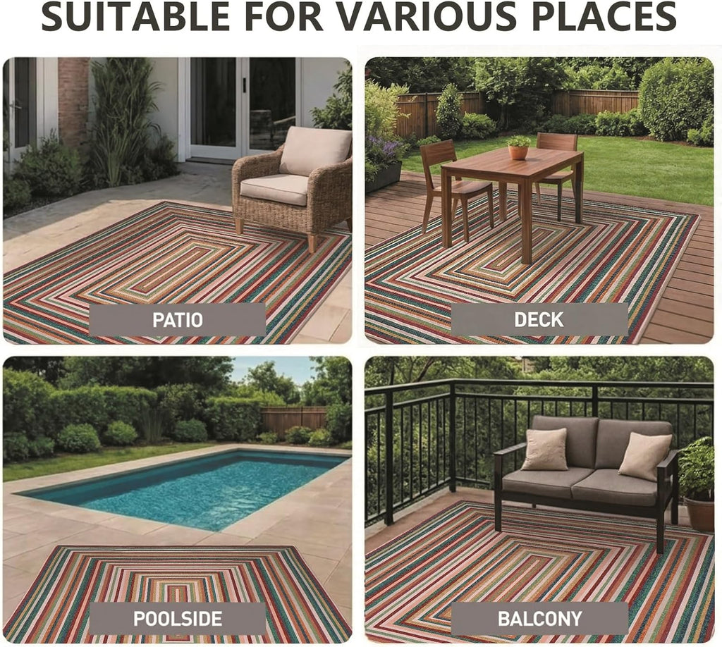 Multicolor Washable Outdoor Rug 8' x 10', Colorful, Stain Resistant, Easy Clean, Waterproof, Durable Area Rug for Outdoor Patio, Deck, Porch, Entryway, Foyer