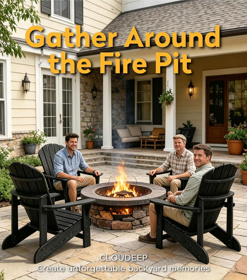 Folding Adirondack Chair, 25 Year Fade Proof Recycled HDPE Oversized Fire Pit Chair, 400 LBS Weight Capacity Outdoor Chair with Cup Holder, Umbrella Hole, Wood Texture for Patio Garden, Deck, Poolside