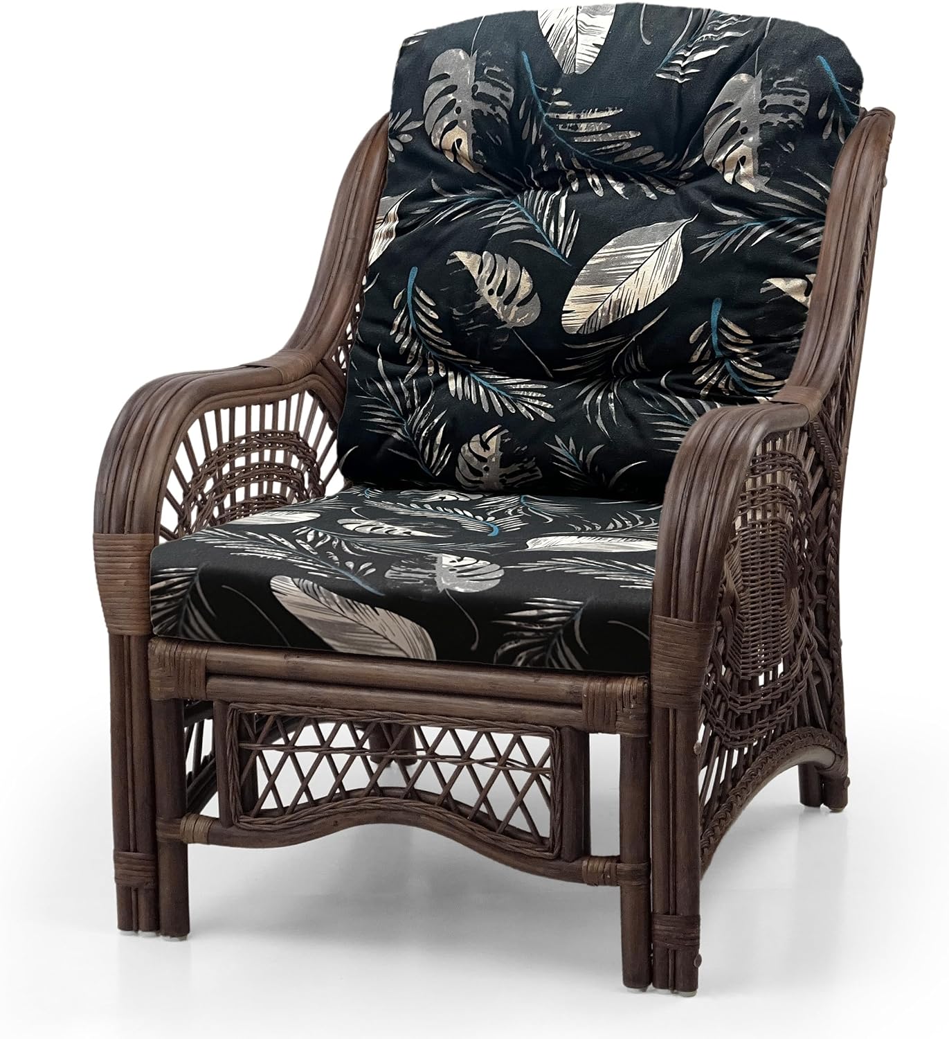 Malibu Lounge Living Accent Armchair Natural Rattan Wicker Handmade Design, Dark Brown with Black Leaf Cushion