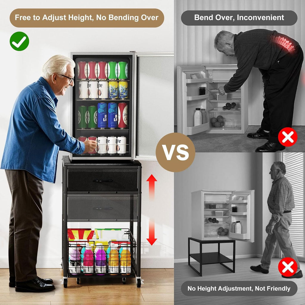 Housolution Mobile Mini Fridge Stand with Storage, Height-Adjustable Mini Beverage Fridge Table, Coffee Bar, 200 lbs Heavy-Duty Compact Refrigerator Shelf with Rolling Cabinet for Kitchen Home, Black