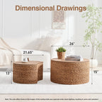 Round Nesting Coffee Table Set of 2 with Storage - Handwoven Wicker Rattan Ottoman Style, Boho Coastal Coffee Tables for Living Room, Rattan Coffee Table with Cover & Soild Wood Frame