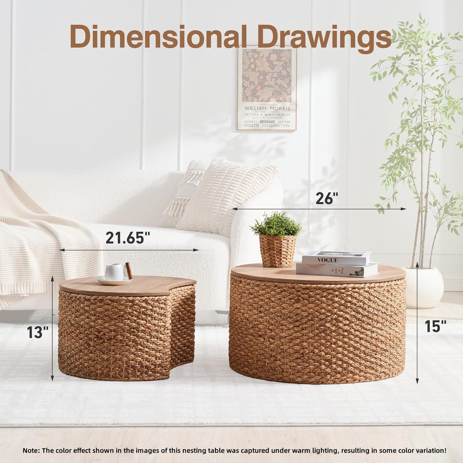 Round Nesting Coffee Table Set of 2 with Storage - Handwoven Wicker Rattan Ottoman Style, Boho Coastal Coffee Tables for Living Room, Rattan Coffee Table with Cover & Soild Wood Frame