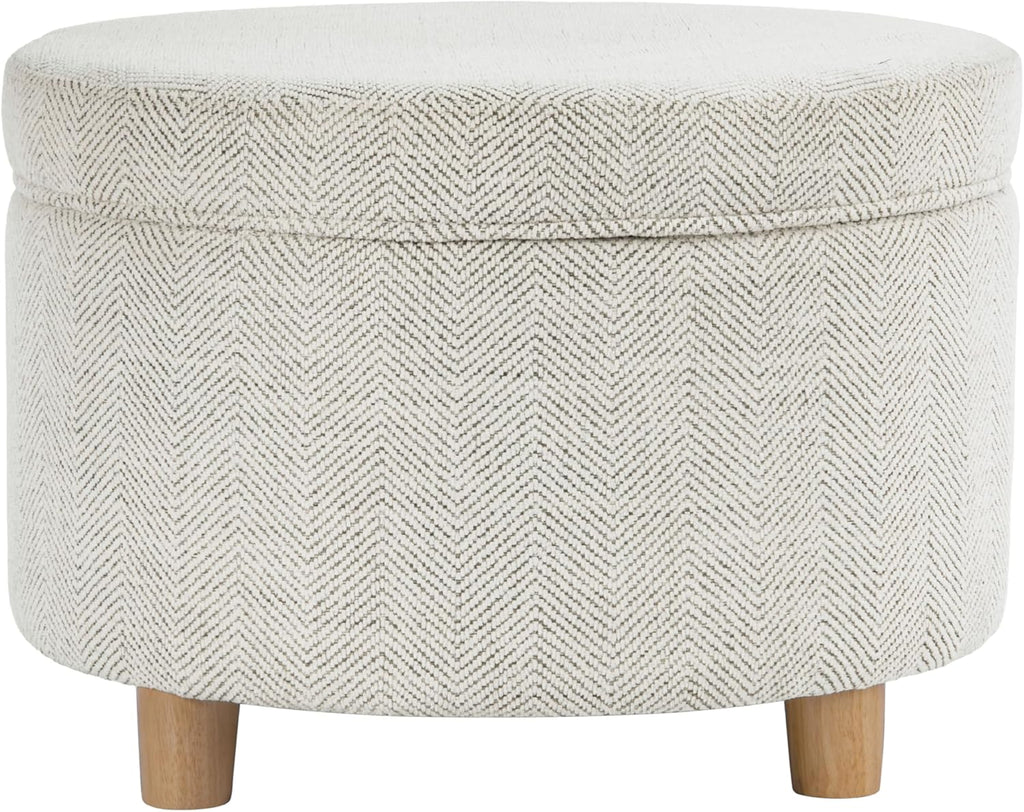 Homepop Home Decor | Upholstered Round Storage Ottoman | Ottoman with Storage for Living Room & Bedroom (Cream Chevron Woven) Large